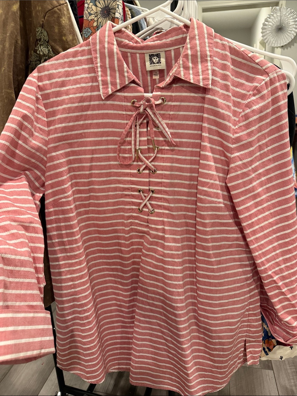 Anne Klein Pink and White Striped Lace-Up Collared Blouse